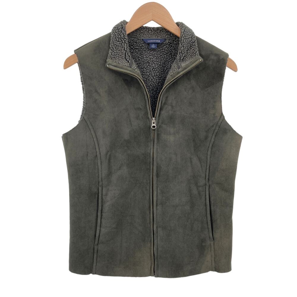 Lands' End Vest Womens Small Olive Green Faux Suede Sleeveless Full Zipper